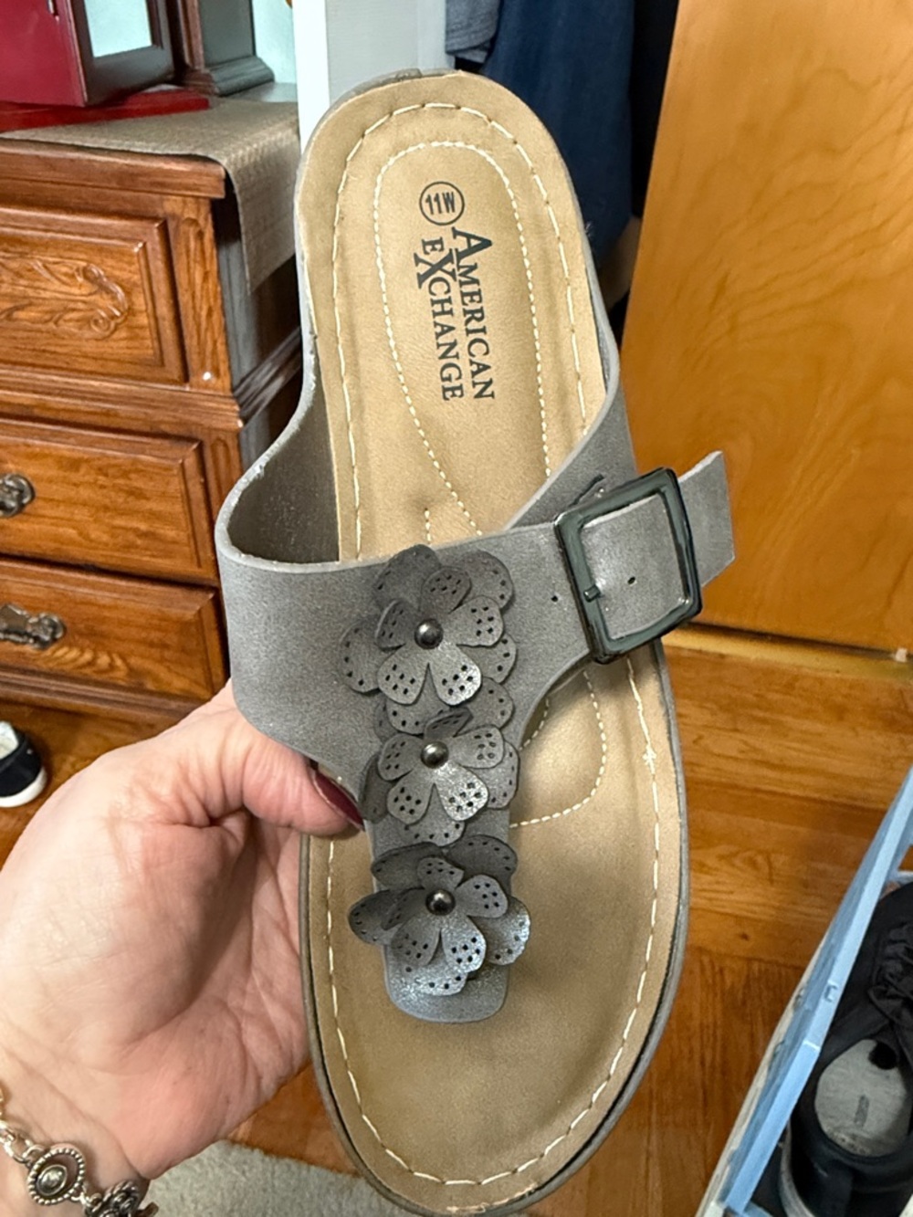 American Exchange Gray Floral Buckle Slide Sandal